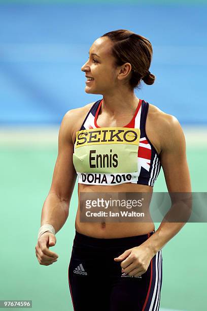 Jessica Ennis of Great Britain celebrates a throw towards her coach in the Womens Pentathlon Shot Put during Day 2 of the IAAF World Indoor...