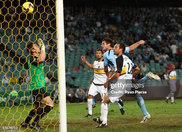 Chris Payne of Sydney scores his teams second goal during the A-League preliminary final match between Sydney FC and the Wellington Phoenix at the...