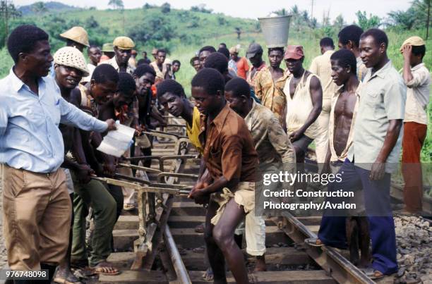 Track volunteers undertaking re habitation work on Ghana Railways one mile south of Tarkwa station on Saturday 8 June 1985.