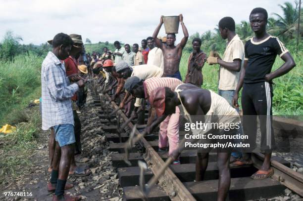 Track volunteers undertaking re habitation work on Ghana Railways one mile south of Tarkwa station on Saturday 8 June 1985.