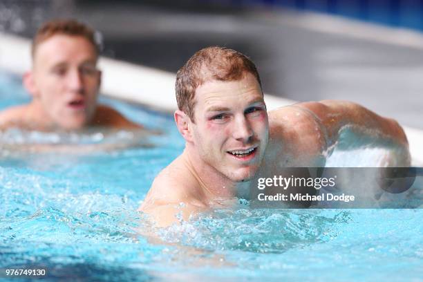 David Pocock of the Wallabies in the pool during an Australian Wallabies recovery session at Collingwood Football Club Centre on June 17, 2018 in...