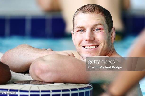 David Pocock of the Wallabies in the pool during an Australian Wallabies recovery session at Collingwood Football Club Centre on June 17, 2018 in...