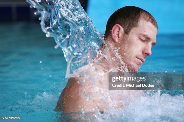 David Pocock of the Wallabies in the pool during an Australian Wallabies recovery session at Collingwood Football Club Centre on June 17, 2018 in...