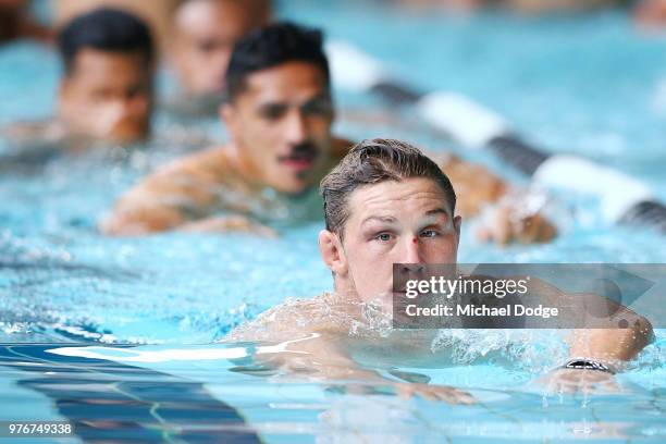 Michael Hooper of the Wallabies in the pool during an Australian Wallabies recovery session at Collingwood Football Club Centre on June 17, 2018 in...