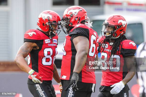 Kamar Jorden of the Calgary Stampeders celebrates with his teammates after scoring a touchdown against the Hamilton Tiger-Cats during a CFL game at...