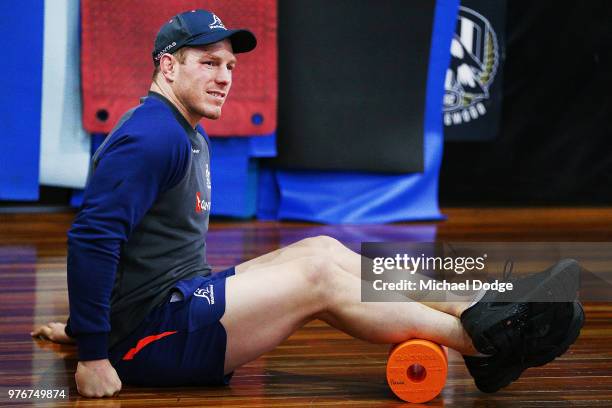 David Pocock of the Wallabies stretches during an Australian Wallabies recovery session at Collingwood Football Club Centre on June 17, 2018 in...