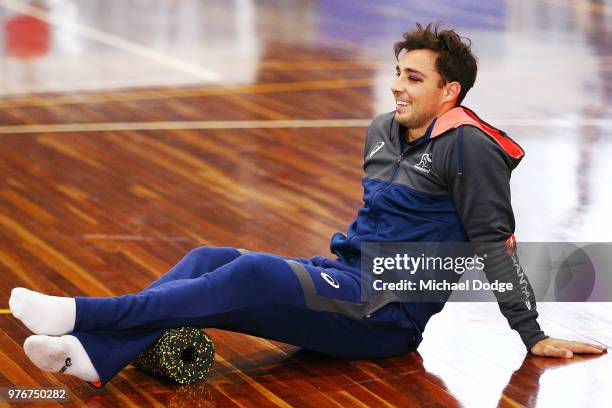 Nick Phipps stretches during an Australian Wallabies recovery session at Collingwood Football Club Centre on June 17, 2018 in Melbourne, Australia.