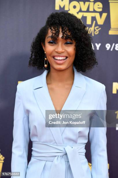 Actor Yara Shahidi attends the 2018 MTV Movie And TV Awards at Barker Hangar on June 16, 2018 in Santa Monica, California.