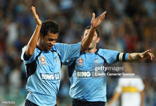 Alex Brosque of Sydney FC celebrates kicking a goal during the A-League preliminary final match between Sydney FC and the Wellington Phoenix at the...