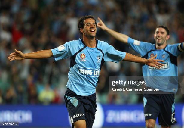 Alex Brosque of Sydney FC celebrates kicking a goal during the A-League preliminary final match between Sydney FC and the Wellington Phoenix at the...