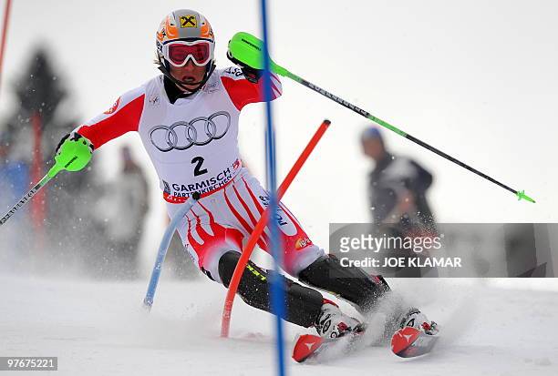 Austria's Marcel Hirscher competes in the men's Alpine skiing World Cup Slalom in Garmisch Partenkirchen, southern Germany on March 13, 2010. AFP...