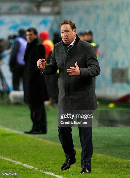 Head coach Leonid Slutsky of PFC CSKA Moscow gestures during the Russian Football League Championship match between PFC CSKA Moscow and FC Amkar Perm...