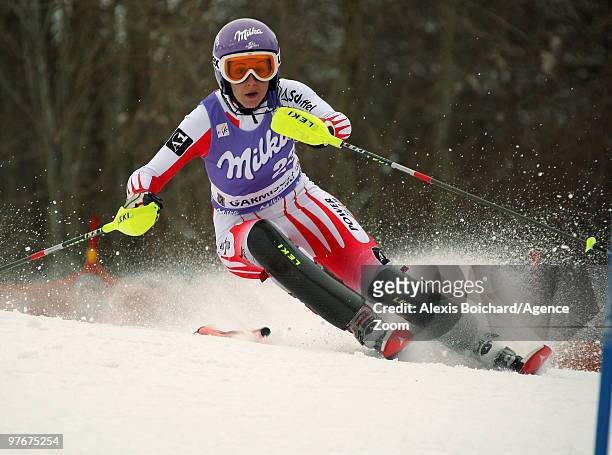 Michaela Kirchgasser of Austria competes first run during the Audi FIS Alpine Ski World Cup Women's Slalom on March 13, 2010 in...