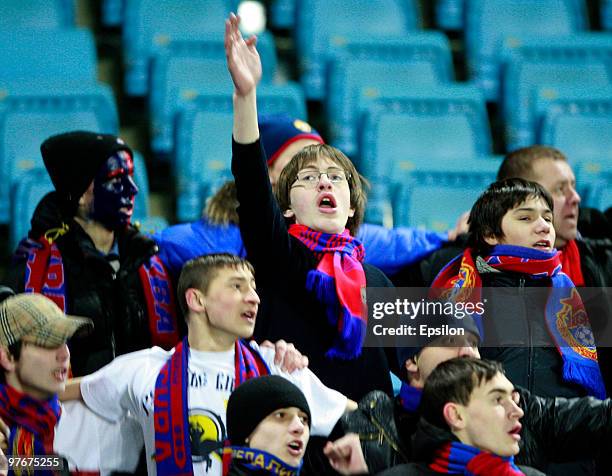 Fans of PFC CSKA Moscow during the Russian Football League Championship match between PFC CSKA Moscow and FC Amkar Perm at the Khimki Stadium on...