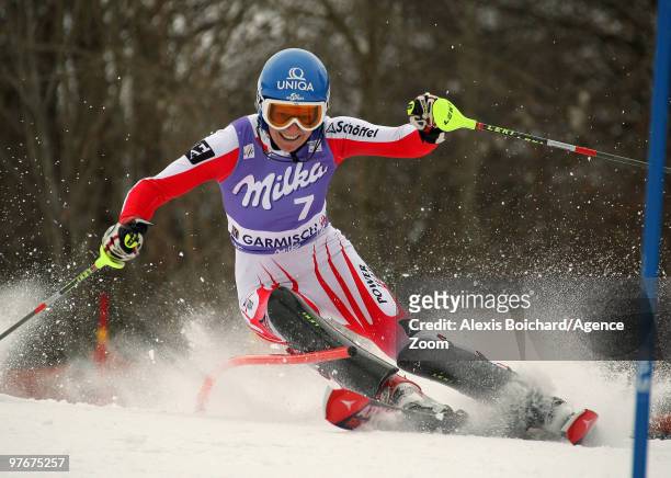 Marlies Schild of Austria competes first run during the Audi FIS Alpine Ski World Cup Women's Slalom on March 13, 2010 in Garmisch-Partenkirchen,...