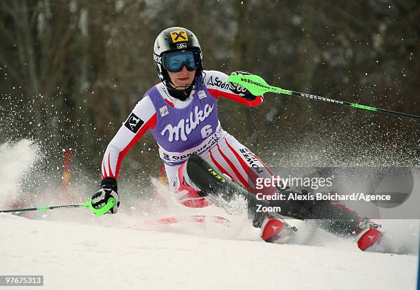 Kathrin Zettel of Austria competes first run during the Audi FIS Alpine Ski World Cup Women's Slalom on March 13, 2010 in Garmisch-Partenkirchen,...