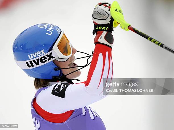 Austria's Marlies Schild celebrates after competing in the women's Alpine skiing World Cup Slalom finals in Garmisch Partenkirchen, southern Germany...