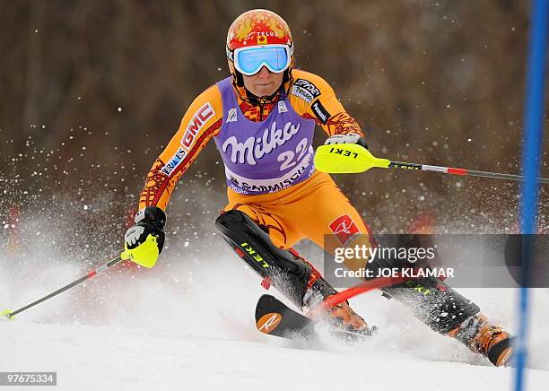 Canada's Brigitte Acton competes in the women's Alpine skiing World Cup Slalom in Garmisch Partenkirchen, southern Germany on March 13, 2010. AFP...