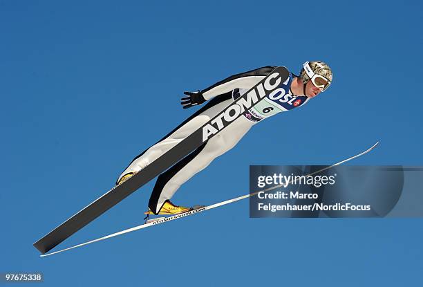 Todd Lodwick of the USA competes in the team Gundersen Ski Jumping HS 134 event during day one of the FIS Nordic Combined World Cup on March 13, 2010...