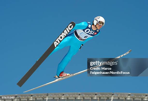 Johnny Spillane of the USA competes in the team Gundersen Ski Jumping HS 134 event during day one of the FIS Nordic Combined World Cup on March 13,...
