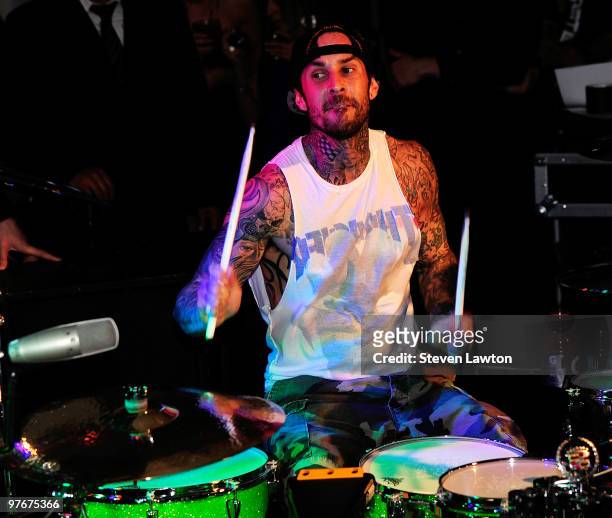 Recording artist Travis Barker performs at the Pure Nightclub at Caesars Palace on March 12, 2010 in Las Vegas, Nevada.