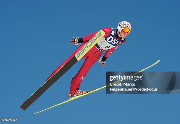 Johannes Rydzek of Germany competes in the team Gundersen Ski Jumping HS 134 event during day one of the FIS Nordic Combined World Cup on March 13,...