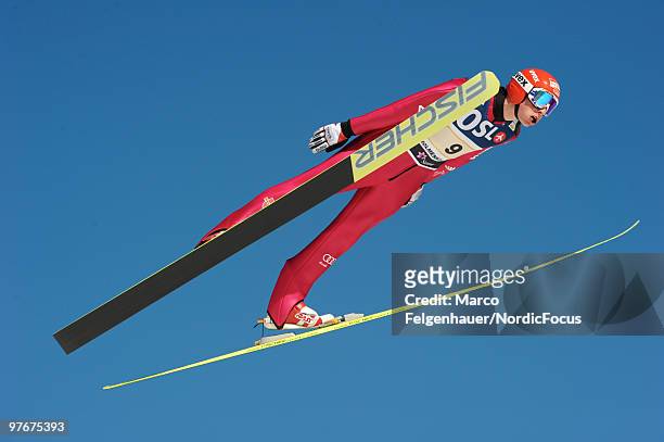 Eric Frenzel of Germany competes in the team Gundersen Ski Jumping HS 134 event during day one of the FIS Nordic Combined World Cup on March 13, 2010...