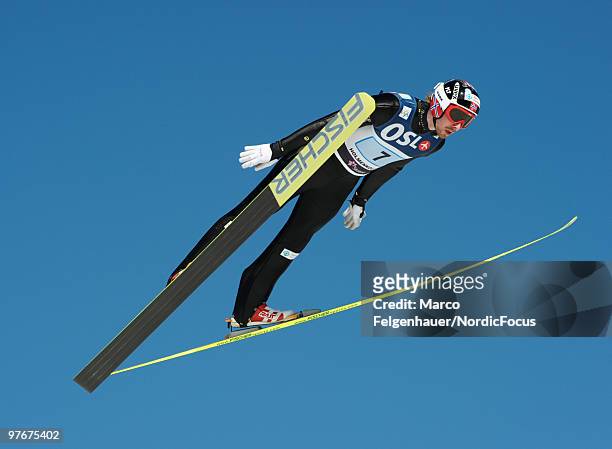 Petter Tande of Norway competes in the team Gundersen Ski Jumping HS 134 event during day one of the FIS Nordic Combined World Cup on March 13, 2010...