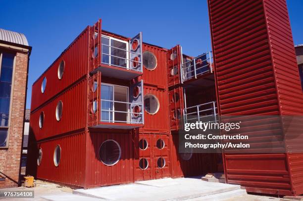 Modular accomodation made from converted shipping containers.