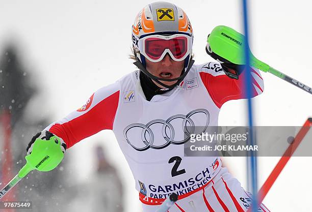 Austria's Marcel Hirscher competes in the men's Alpine skiing World Cup Slalom in Garmisch Partenkirchen, southern Germany on March 13, 2010. AFP...