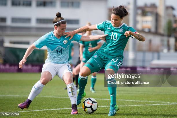April 2018, Slovenia, Domzale: Soccer, Women's World Cup qualification, Europe, group stages, Slovenia vs Germany. Germany's Dzsenifer Marozsan in...