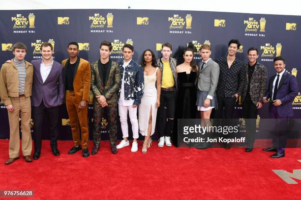 Cast of '13 Reasons Why' attends the 2018 MTV Movie And TV Awards at Barker Hangar on June 16, 2018 in Santa Monica, California.