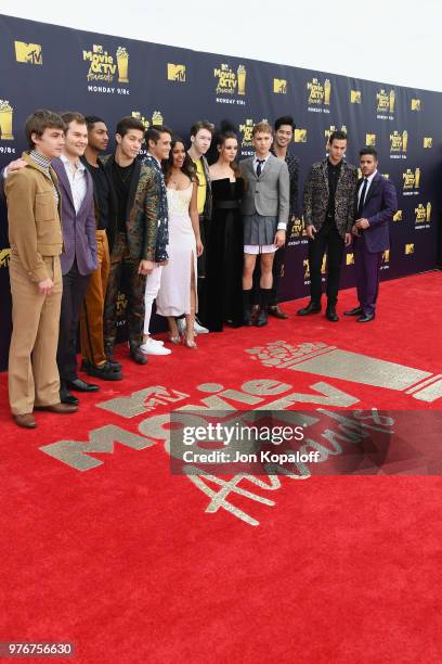 Cast of '13 Reasons Why' attends the 2018 MTV Movie And TV Awards at Barker Hangar on June 16, 2018 in Santa Monica, California.