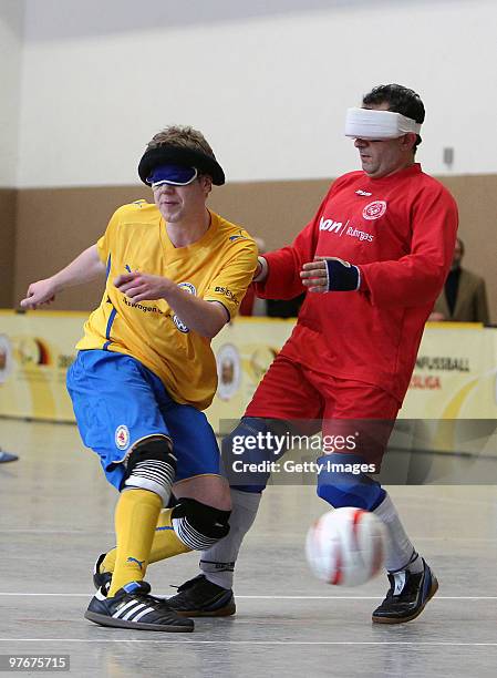 Players of Gelsenkirchen are in action during the Blind Football Bundesliga match between VfB Gelsenkirchen and Eintracht Braunschweig on March 13,...