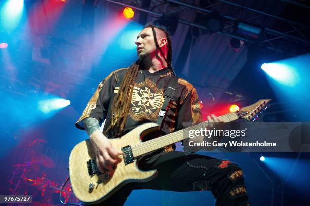 Zoltan Bathory of Five Finger Death Punch performs on stage during day 2 of Hammerfest at Pontins on March 12, 2010 in Prestatyn, Wales.