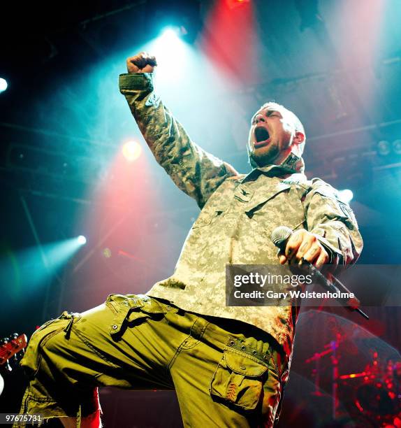 Ivan Moody of Five Finger Death Punch performs on stage during day 2 of Hammerfest at Pontins on March 12, 2010 in Prestatyn, Wales.