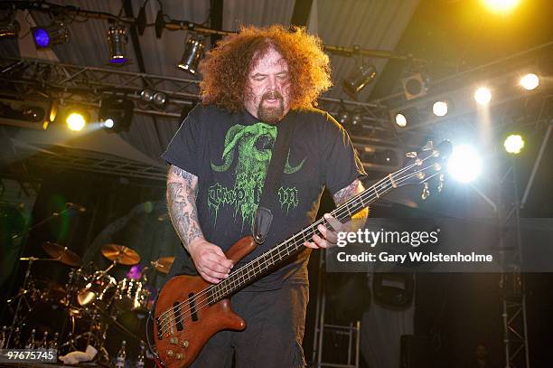 Shane Embury of Napalm Death performs on stage during day 2 of Hammerfest at Pontins on March 12, 2010 in Prestatyn, Wales.