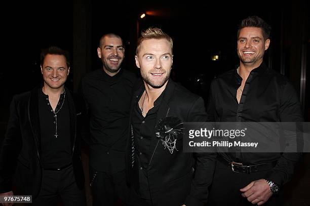 Boyzone members Mikey Graham, Shane Lynch, Ronan Keating and Keith Duffy are sighted at the Late Late Show Studios on March 12, 2010 in Dublin,...