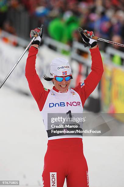 Marit Bjoergen of Norway celebrates her victory in the women's 30km Cross Country Skiing during the FIS World Cup on March 13, 2010 in Oslo, Norway.