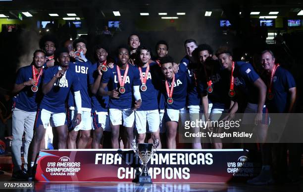 The United States celebrate winning Gold against Canada in the final of the FIBA U18 Americas Championship at the Meridian Centre on June 16, 2018 in...