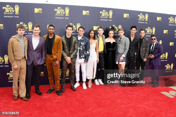 Cast of '13 Reasons Why' attends the 2018 MTV Movie And TV Awards at Barker Hangar on June 16, 2018 in Santa Monica, California.