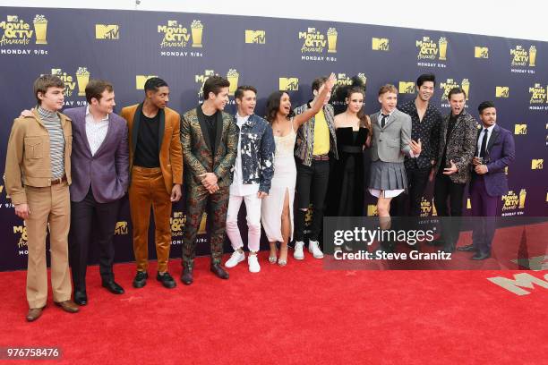 Cast of '13 Reasons Why' attends the 2018 MTV Movie And TV Awards at Barker Hangar on June 16, 2018 in Santa Monica, California.