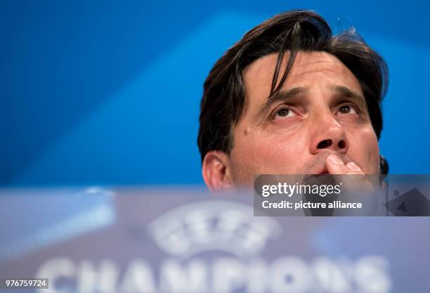 Sevilla's coach Vincenzo Montella attends a press conference ahead of the UEFA Champions League soccer match between FC Sevilla and FC Bayern Munich...