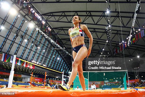 Jessica Ennis of Great Britain competes in the Womens Pentathlon High Jump during Day 2 of the IAAF World Indoor Championships at the Aspire Dome on...