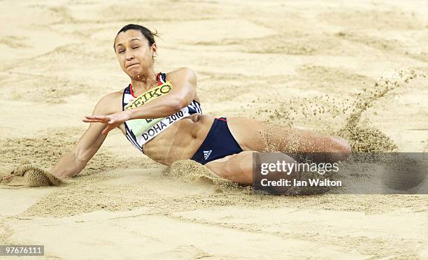 Jessica Ennis of Great Britain competes in the Womens Pentathlon Long Jump during Day 2 of the IAAF World Indoor Championships at the Aspire Dome on...