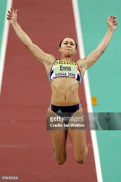 Jessica Ennis of Great Britain competes in the Womens Pentathlon Long Jump during Day 2 of the IAAF World Indoor Championships at the Aspire Dome on...