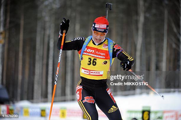 Fifth placed Magdalena Neuner of Germany skies during the women's biathlon 7,5 km individual race of the IBU World Cup 2010 in Kontiolahti, Finland...