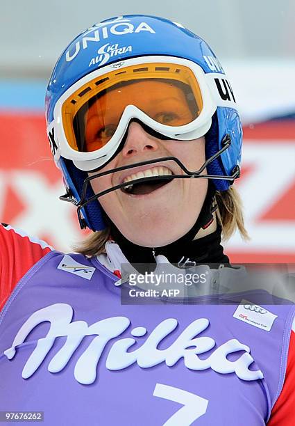 Austria's Marlies Schild reacts in the finish area during the women's Alpine skiing World Cup Slalom finals in Garmisch Partenkirchen, southern...