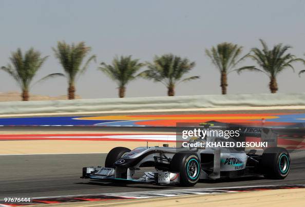 Mercedes GP's German driver Nico Rosberg drives at the Bahrain