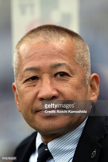 Yokohama Marinos coach Kazushi Kimura looks on during the J.League match between Yokohama Marinos and Shonan Bellmare at the Nissan Stadium on March...